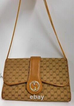 Gucci Vintage Beige Tan GG Logo Monogram Canvas Leather Gold Chain Shoulder Bag