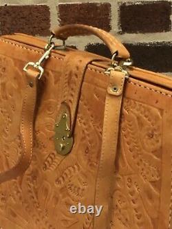 HAND TOOLED- Vintage TAN Leather Briefcase/ Handbag With Removable Shoulder Strap