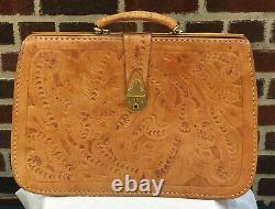 HAND TOOLED- Vintage TAN Leather Briefcase/ Handbag With Removable Shoulder Strap