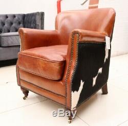 Hair On Hide Tub Club Chair Black Cow Real Vintage Distressed Tan Brown Leather