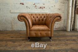 Handmade 1 Seater Rustic Vintage Tan Leather Chesterfield Armchair, Club Chair