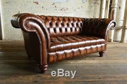 Handmade 2 Seater Vintage Antique Tan Brown Leather Chesterfield Sofa, Settee
