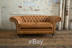 Handmade 2 Seater Vintage Antique Tan Leather Chesterfield Sofa, Settee
