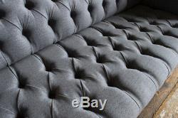Handmade 3 Seater Iron Grey Wool Chesterfield Sofa, Vintage Tan Leather Details