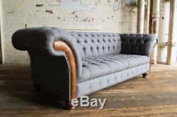 Handmade 3 Seater Iron Grey Wool Chesterfield Sofa, Vintage Tan Leather Details