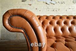 Handmade 3 Seater Real Aniline Vintage Tan Brown Leather Chesterfield Sofa