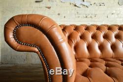 Handmade 3 Seater Real Aniline Vintage Tan Brown Leather Chesterfield Sofa
