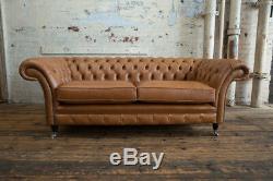 Handmade 3 Seater Vintage Antique Tan Brown Leather Chesterfield Sofa