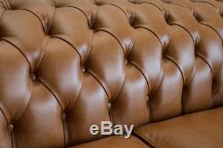 Handmade 3 Seater Vintage Antique Tan Brown Leather Chesterfield Sofa