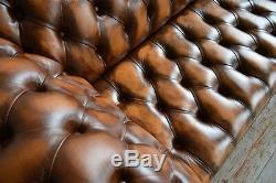 Handmade 3 Seater Vintage Antique Tan Brown Leather Chesterfield Sofa, Settee