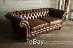Handmade 3 Seater Vintage Antique Tan Leather Chesterfield Sofa Couch, Settee