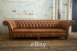Handmade 4 Seater Vintage Dark Tan Leather Chesterfield Sofa, Natural Leather