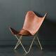 Handmade Butterfly Chair Retro Vintage Natural Leather Tan Seat Gold Base Chair