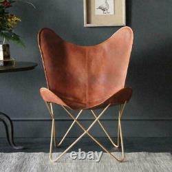 Handmade Butterfly Chair Retro Vintage Natural Leather Tan Seat Gold Base Chair