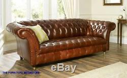 Handmade Chesterfield Sofa Couch Chair 3 Seat Vintage Antique Tan Leather
