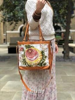 Handmade FLORAL FLOWER Shopper Bag Leather Vintage Hippie Boho Tote Tan Woven