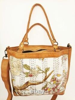 Handmade FLORAL FLOWER Shopper Bag Leather Vintage Hippie Boho Tote Tan Woven