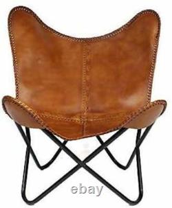 Handmade Tan Leather Butterfly Chair With Footstool Foldable Relax Arm chair BKF