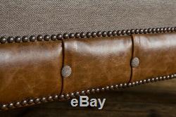 Handmade Vintage Tan Leather & Warm Grey Wool Chesterfield Snuggle Chair