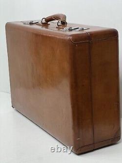 Handsome vintage honey tan leather suitcase overnight case + KEY silk lined 1920