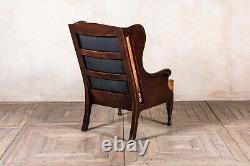 Hardwood Frame Armchair With Vintage Finish Tan Leather Cushions High Back Wing