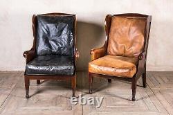 Hardwood Frame Armchair With Vintage Finish Tan Leather Cushions High Back Wing