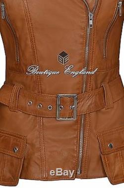 Ladies Fashion Leather Jacket Tan Vintage Biker Style 100% REAL LEATHER 2812