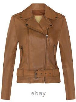 Ladies Leather Brando Light Tan Biker Jacket Real Lamb Nappa Vintage Jacket