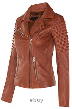 Ladies Tan Leather Biker Jacket Real Lamb Napa Vintage Gothic Fashion Jacket