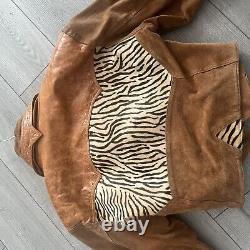 Ladies Vintage Leather Tiger Biker Jacket. Tan And Print. Size Medium