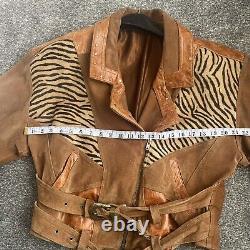 Ladies Vintage Leather Tiger Biker Jacket. Tan And Print. Size Medium