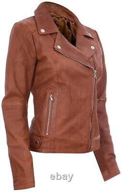 Ladies Womens Brando Tan Real Leather Fitted Vintage Biker Zip Fashion Jacket