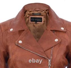 Ladies Womens Brando Tan Real Leather Fitted Vintage Biker Zip Fashion Jacket