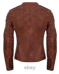 Ladies Womens Tan Real Leather Fitted Vintage Biker Style Zip Fashion Jacket