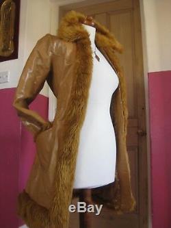 Ladies vintage tan TALC real leather fur COAT UK 8 6 retro penny lane afghan