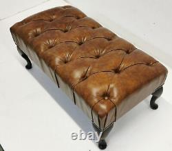 Large Chesterfield Footstool Rustic Vintage Italian Tan 100% Genuine Leather