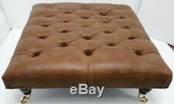 Large Chesterfield Footstool Table 100% Italian Vintage Tan Leather