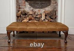 Large Chesterfield Queen Anne Footstool in Vintage Tan Leather Handmade in UK