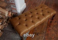 Large Chesterfield Queen Anne Footstool in Vintage Tan Leather Handmade in UK