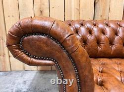 Large Handmade 4 Seater Distressed Vintage Tan Brown Leather Chesterfield Sofa