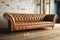 Large Handmade 4 Seater Vintage Tan Brown Leather Chesterfield Sofa, Settee