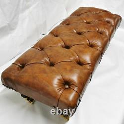 Large Slim Rectangular Chesterfield Footstool Table 100% Vintage Tan Leather