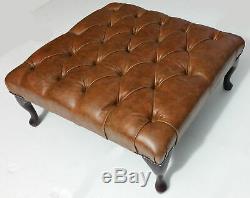 Large Square Chesterfield Footstool Table 100% Vintage Tan Leather