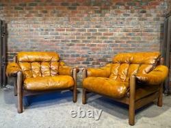 Large Vintage Danish 1970 Pair of Armchairs Tan Leather