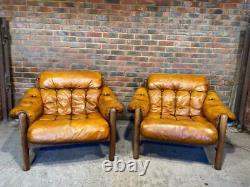 Large Vintage Danish 1970 Pair of Armchairs Tan Leather