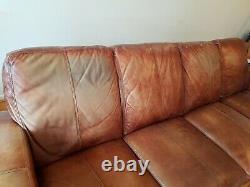 Large Vintage Tan Leather Art Deco Style Corner Sofa 3 Seater Chaise family