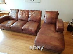 Large Vintage Tan Leather Art Deco Style Corner Sofa 3 Seater Chaise family