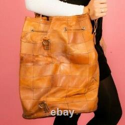 Large vintage tan leather patchwork drawstring bucket bag shoulder bag