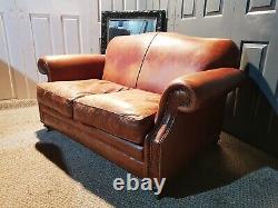 Laura Ashley Vintage Distressed Aged Tan Leather Chesterfield 2 Seater Sofa