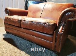 Laura Ashley Vintage Distressed Aged Tan Leather Chesterfield 2 Seater Sofa
